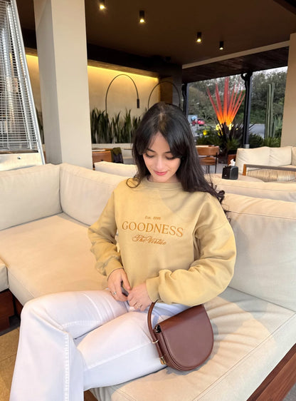 "Bondad es la virtud", suéter de edición especial, estilo hoodie, para dama, color beige claro.