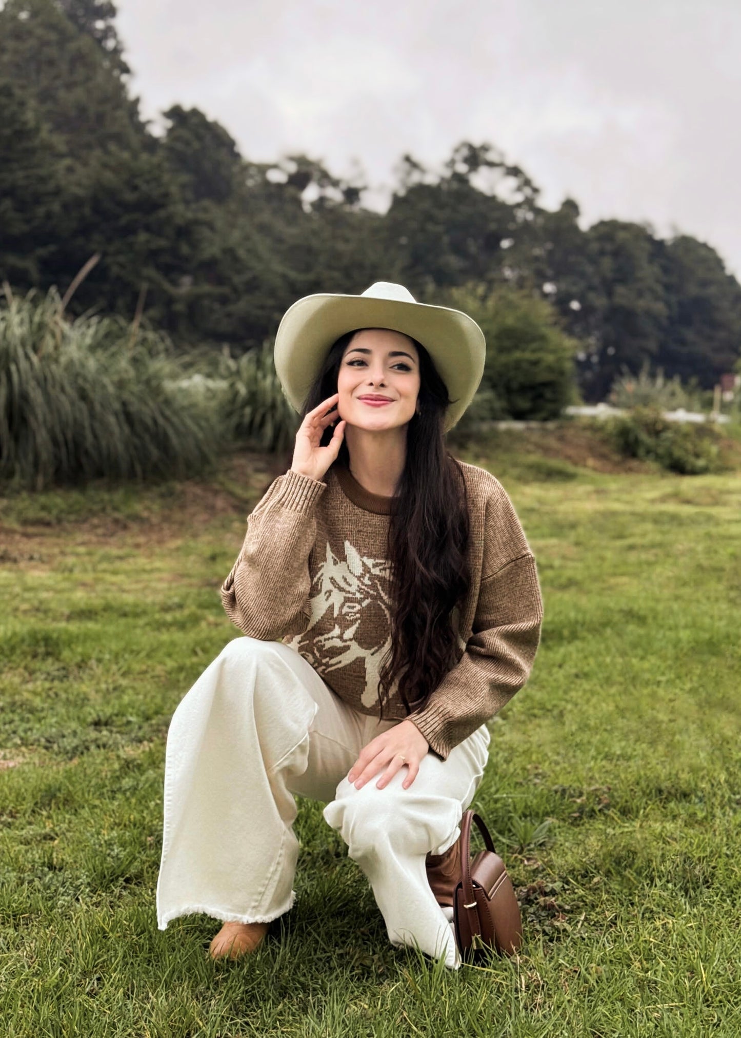 Suéter para dama, diseño especial de caballito, de lana suave, café jaspeado.
