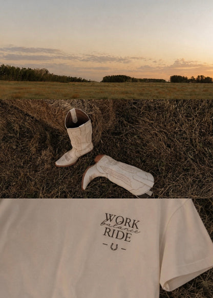 "Work balance ride", t-shirt de edición especial, diseño oversize, tonalidad crema.
