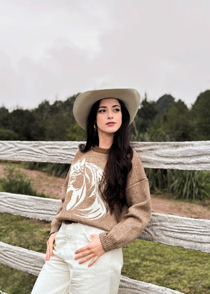 Suéter para dama, diseño especial de caballito, de lana suave, café jaspeado.