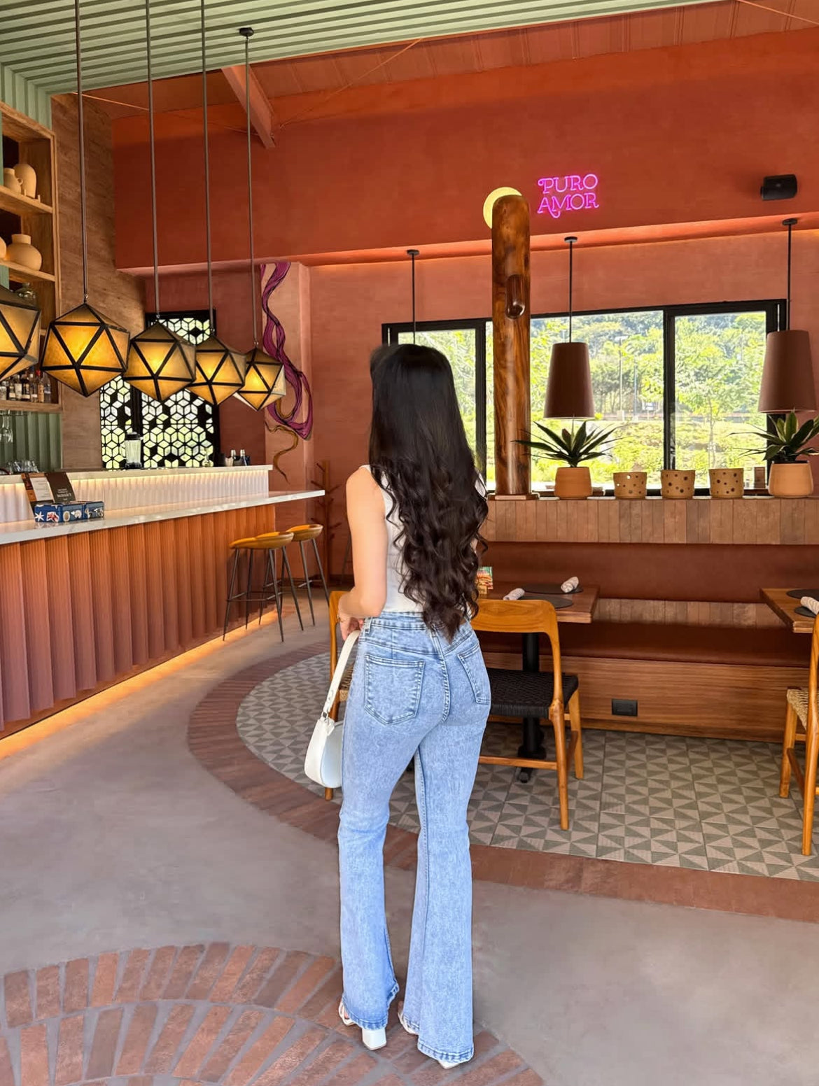 Pantalón estilo campana, edición especial, de lona estrech, celeste nevado.