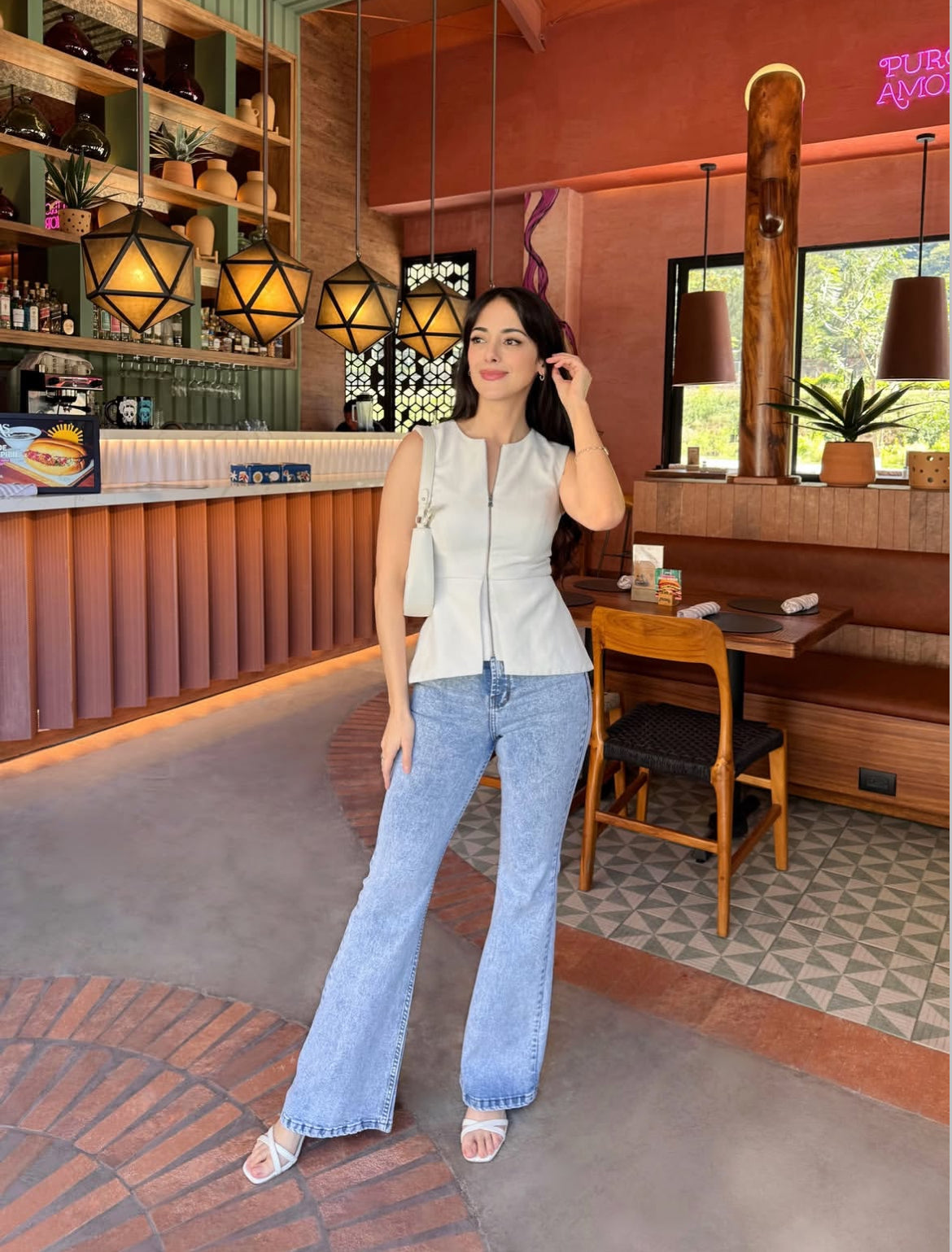 Pantalón estilo campana, edición especial, de lona estrech, celeste nevado.