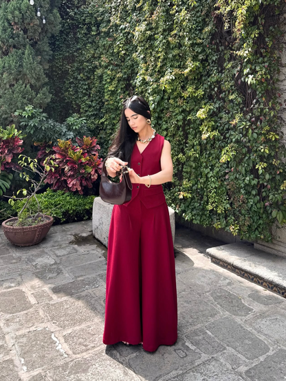 Pantalón de tela estilo Palazzo, color corinto, nueva edición.