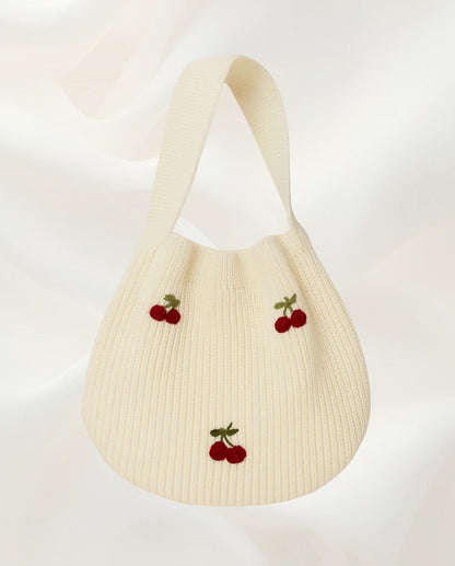 Bolso para dama, especial, de lana, con cerezas bordadas.