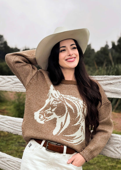 Suéter para dama, diseño especial de caballito, de lana suave, café jaspeado.