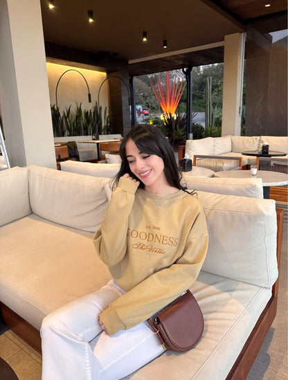 "Bondad es la virtud", suéter de edición especial, estilo hoodie, para dama, color beige claro.