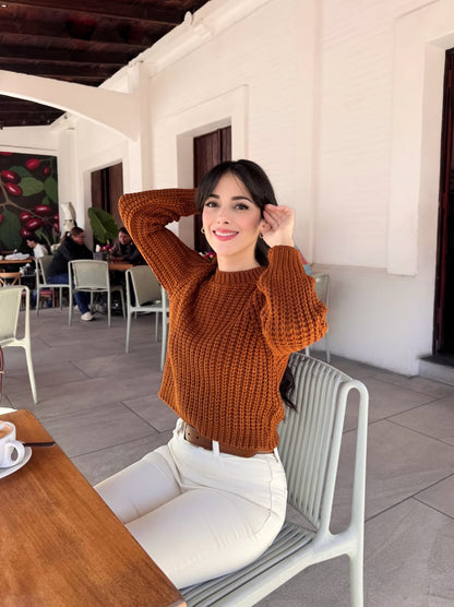 Suéter para dama, diseño especial tejido, tonalidad naranja ladrillo.
