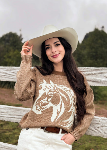Suéter para dama, diseño especial de caballito, de lana suave, café jaspeado.