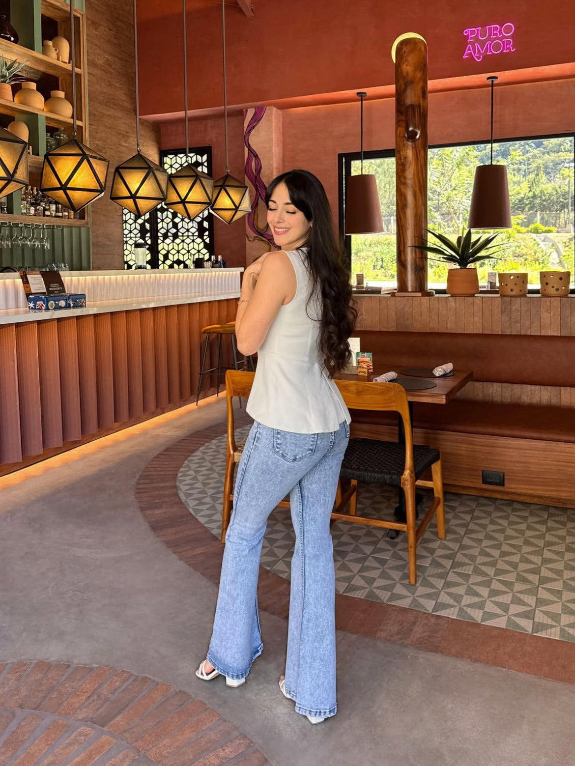 Pantalón estilo campana, edición especial, de lona estrech, celeste nevado.