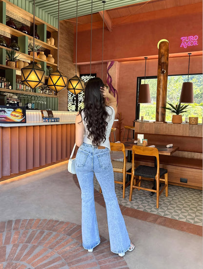 Pantalón estilo campana, edición especial, de lona estrech, celeste nevado.