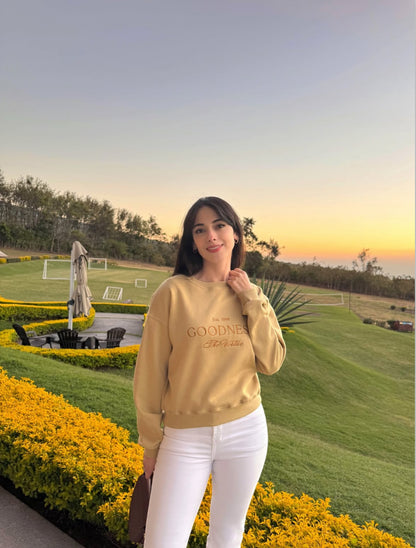 "Bondad es la virtud", suéter de edición especial, estilo hoodie, para dama, color beige claro.