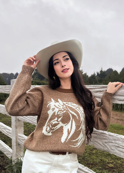 Suéter para dama, diseño especial de caballito, de lana suave, café jaspeado.