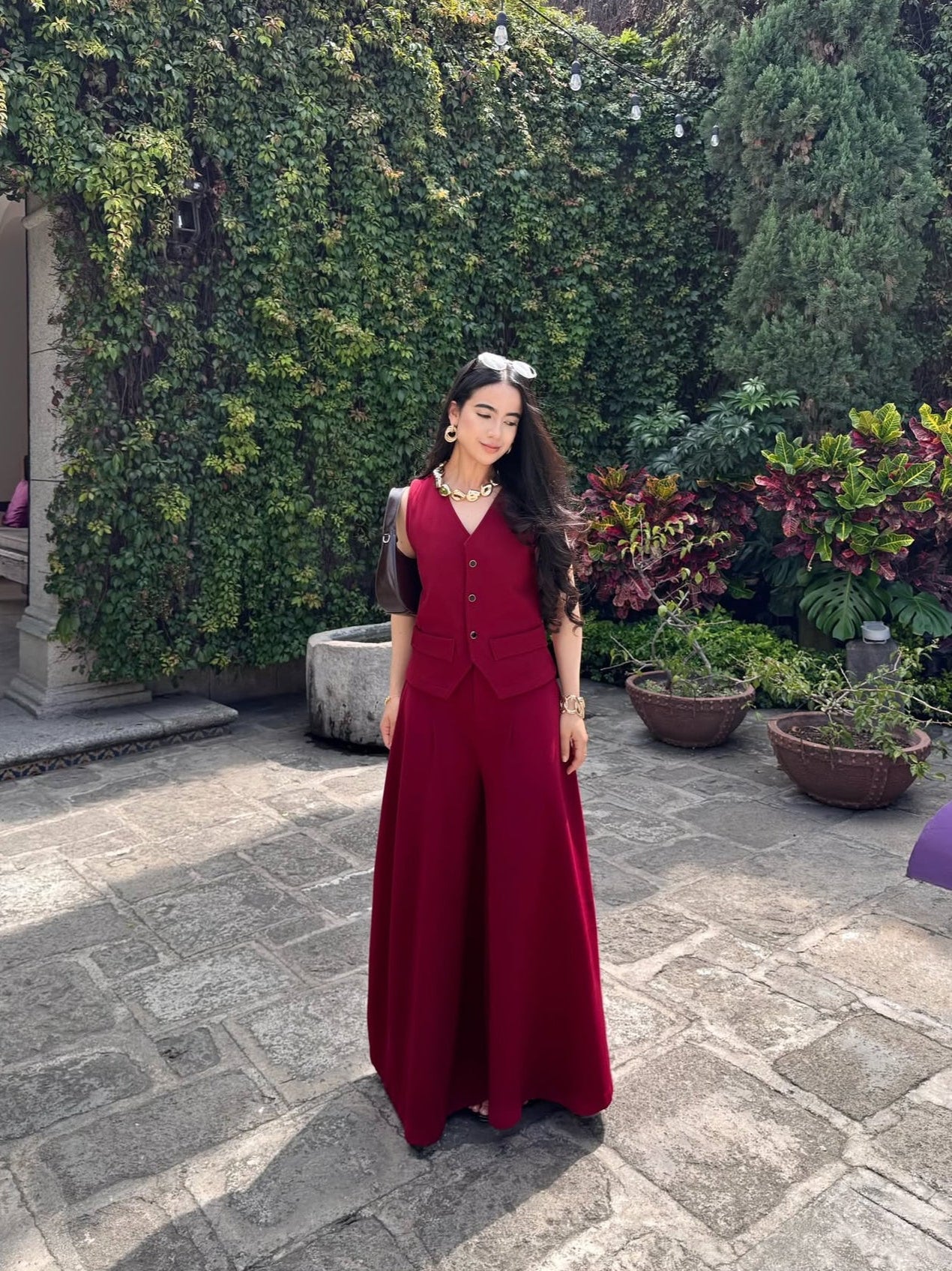 Pantalón de tela estilo Palazzo, color corinto, nueva edición.