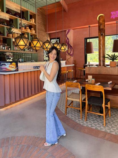 Pantalón estilo campana, edición especial, de lona estrech, celeste nevado.