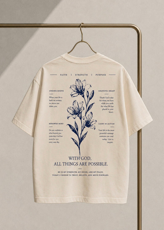 "With God", blusa tipo t-shirt, de edición especial, para dama, diseño oversize, tonalidad crema.